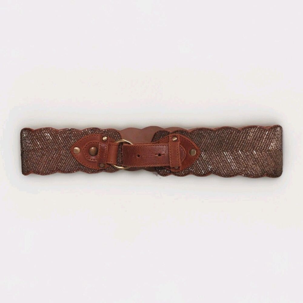 Anthropologie Jasper Jeera Brown Leather Beaded BOHO Belt Womens M 27/28